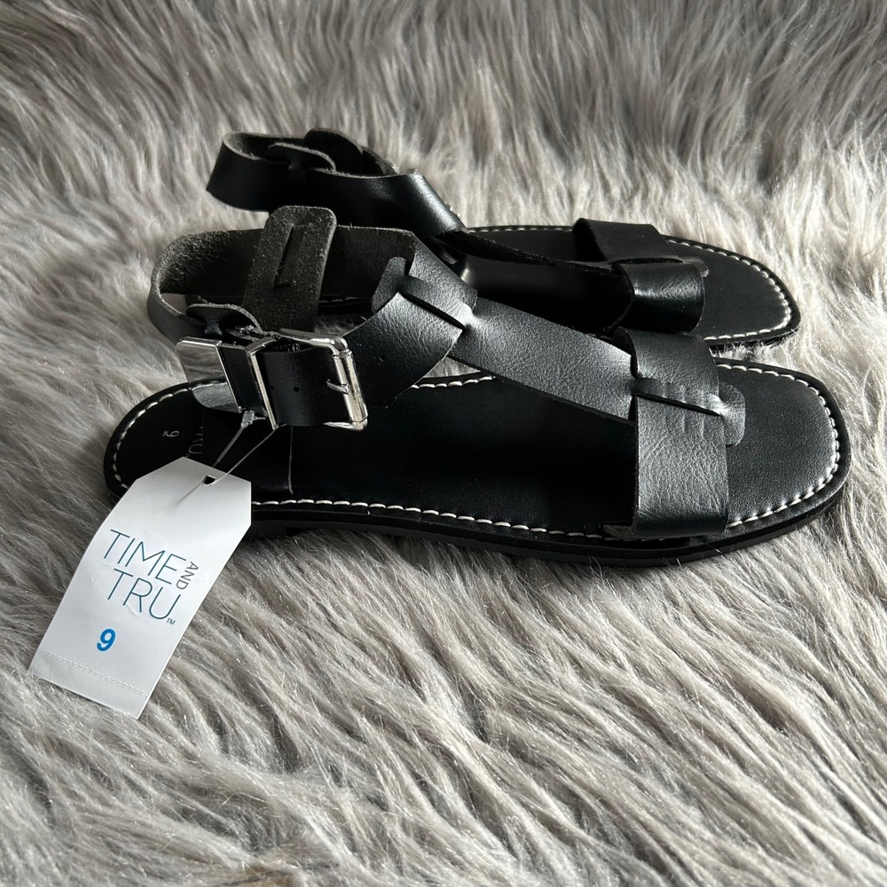 Time And‎ Tru Gladiator Sandals Womens Size 9 Black Open Toe Shoes Adjustable
